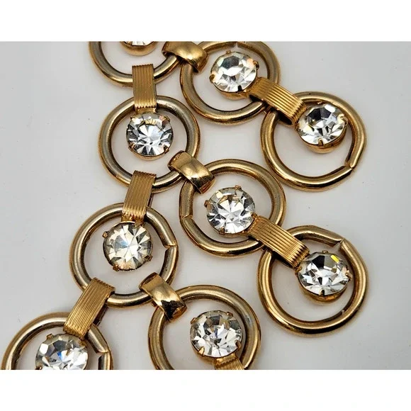 Vintage Statement Gold Circle Link Rhinestone Bib Festoon Collar Necklace